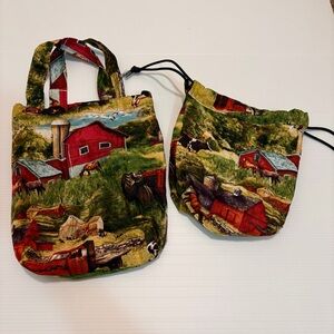 Farm Print Fabric Tote Bag w/ Matching Drawstring Pouch | Country Cottage